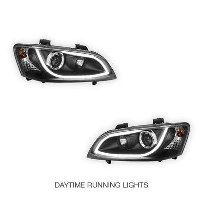 Holden Commodore VE Series 2 (2009 - 2013) Black LED 3D DRL Projector Headlights LH + RH