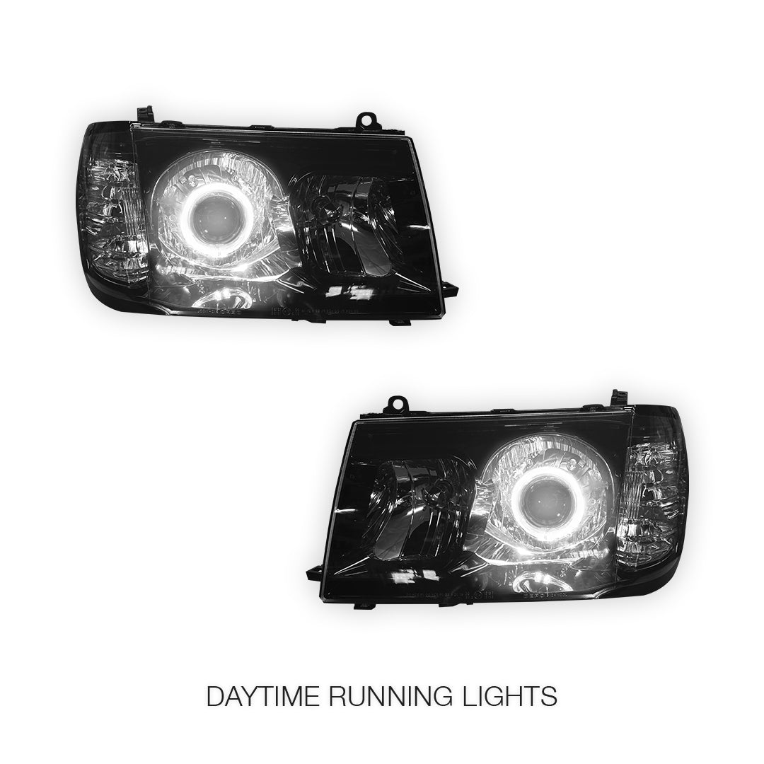 Toyota LandCruiser FJ100 Pre-Facelift (1998 - 2005) Black LED Angel Eye Halo Projector Headlights LH + RH