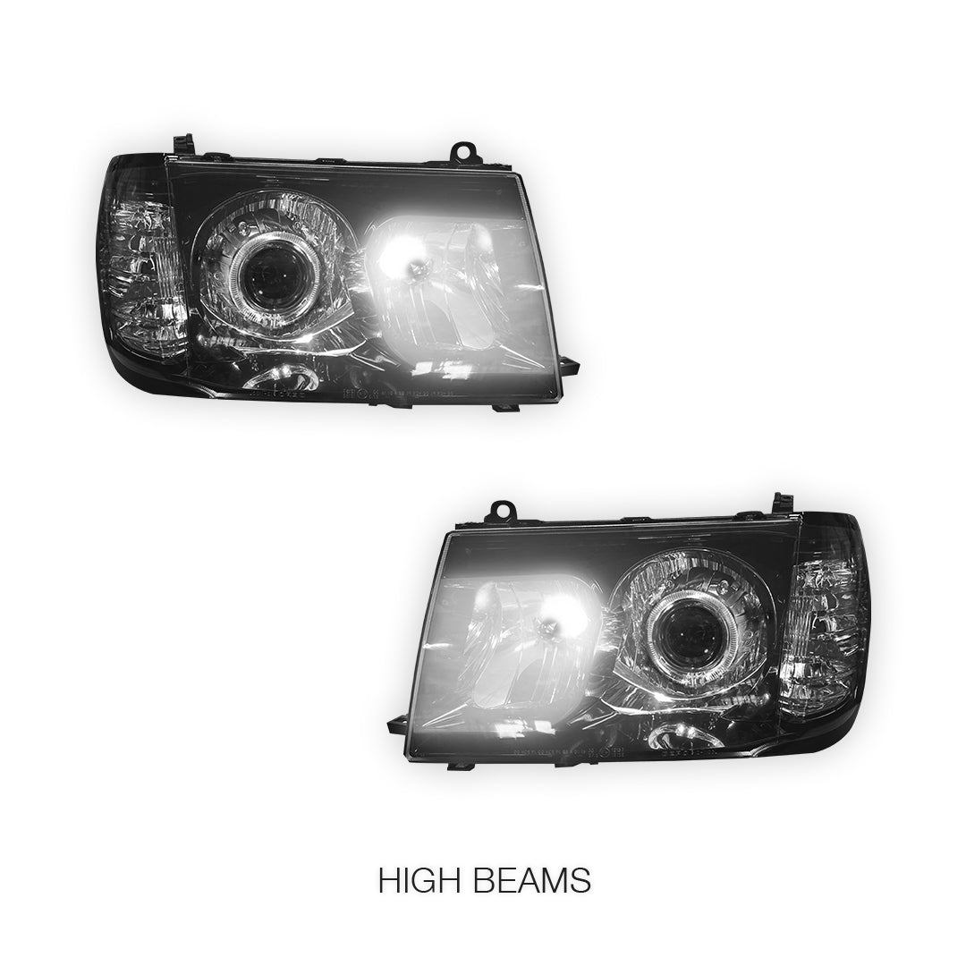 Toyota LandCruiser FJ100 Pre-Facelift (1998 - 2005) Black LED Angel Eye Halo Projector Headlights LH + RH