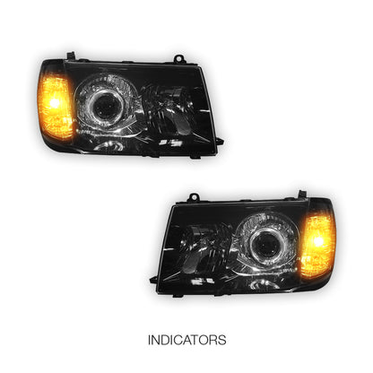 Toyota LandCruiser FJ100 Pre-Facelift (1998 - 2005) Black LED Angel Eye Halo Projector Headlights LH + RH