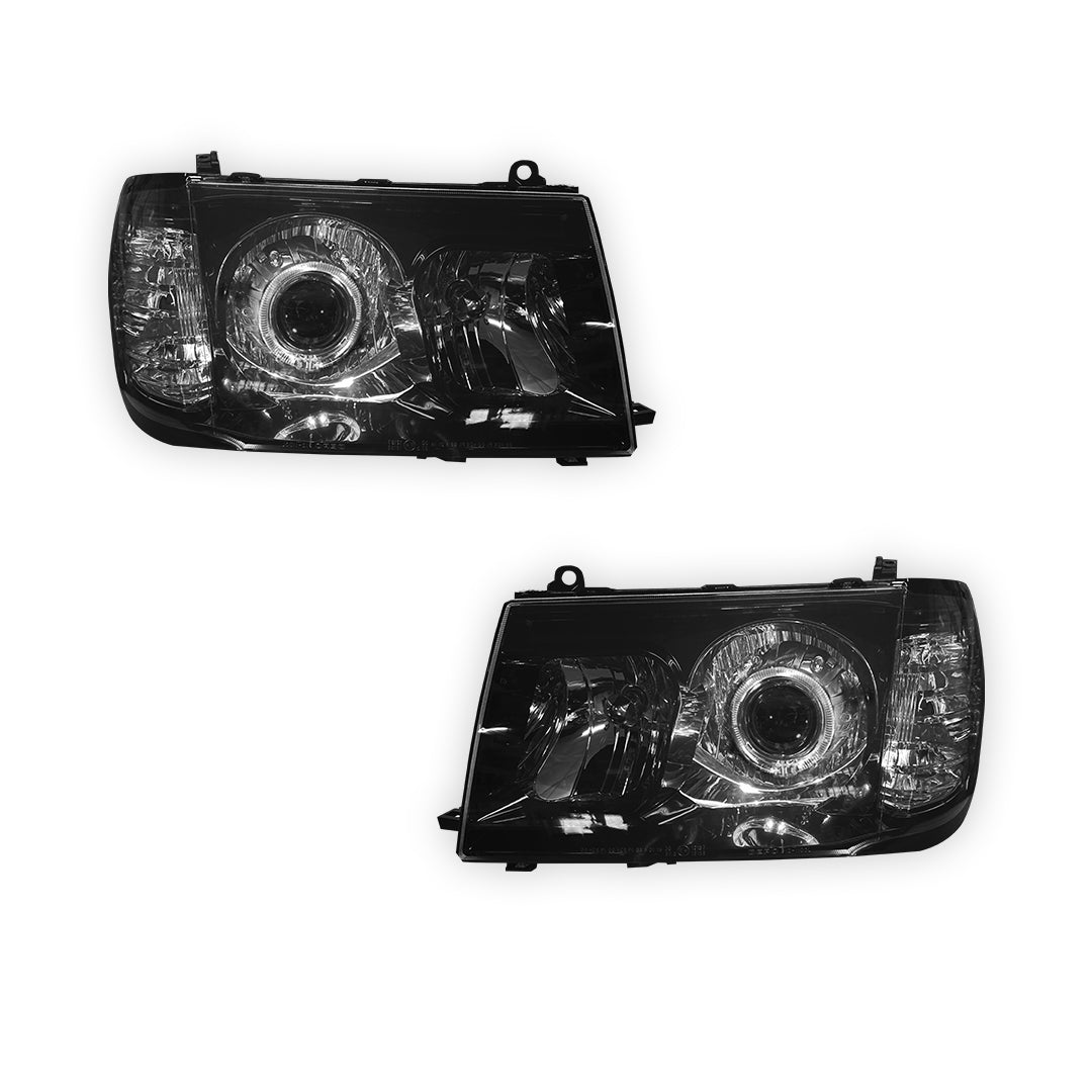 Toyota LandCruiser FJ100 Pre-Facelift (1998 - 2005) Black LED Angel Eye Halo Projector Headlights LH + RH