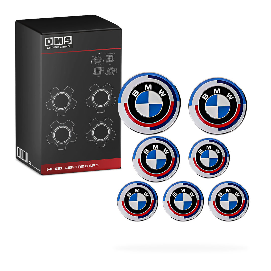 BMW 50th Anniversary 7 Pcs. Boot / Bonnet / Steering Wheel Badges & Wheel Centre Caps Complete Set