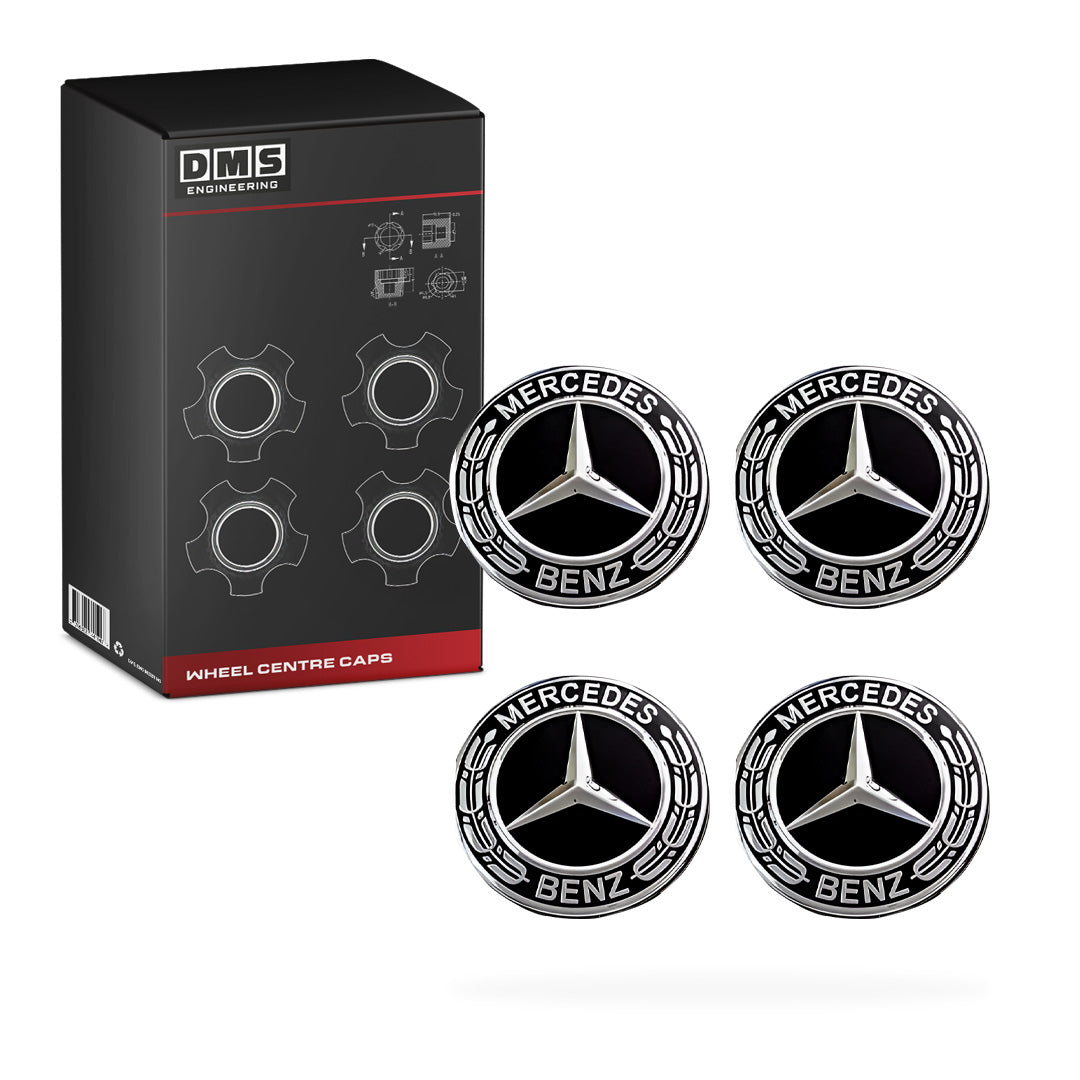 Mercedes-Benz S-Class W126 / W140 / W220 / W221 / W222 (1991 - 2015) 4 Pcs. 75mm Black Wheel Centre Caps